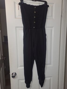 Rouge! Black Strapless Smocked Button-Front Jumpsuit